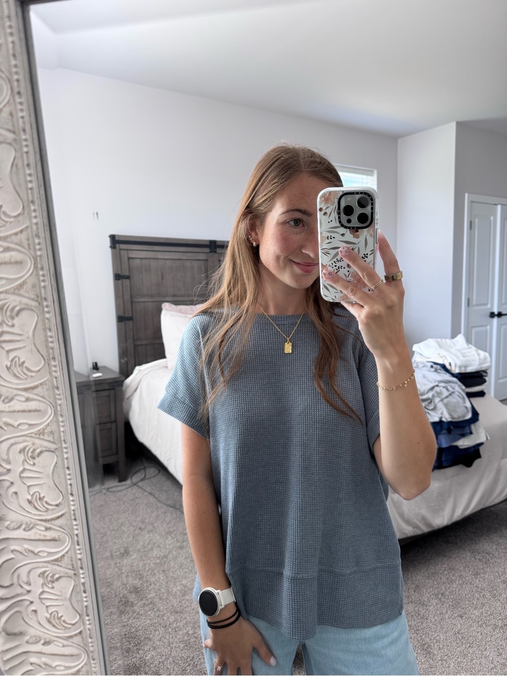 SHEIN Dusty Blue Short Sleeve Waffle Knit Top